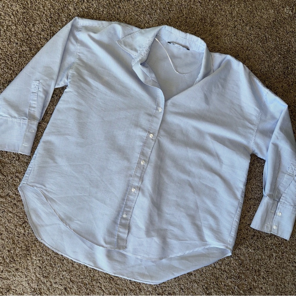 Zara Blue and White Thin Striped Button Up Women’s Shirt NWOT